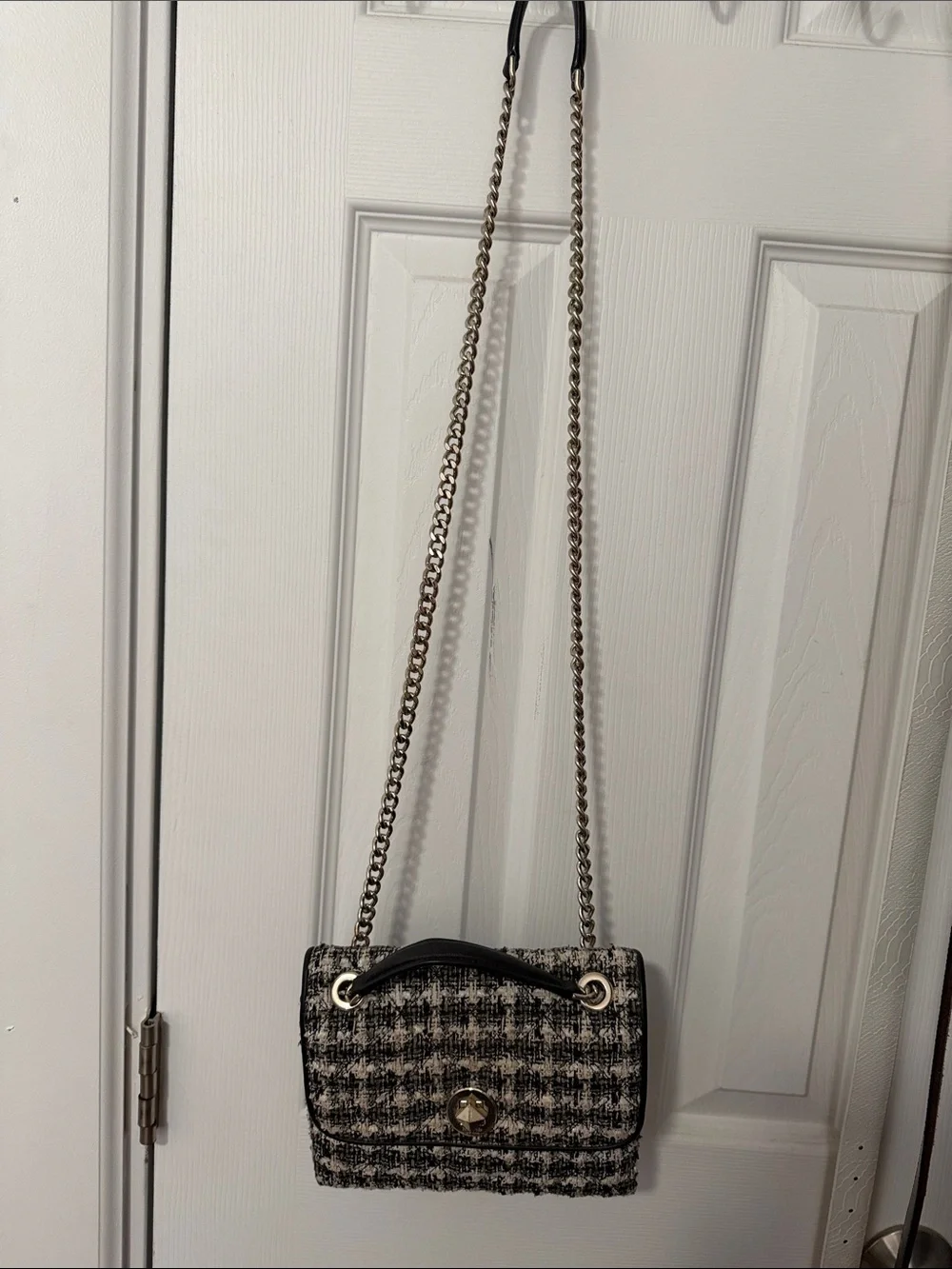 kate spade Black and Cream Tweed Shoulder Bag with Gold Chain